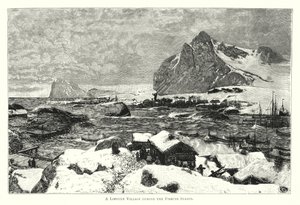 Uma aldeia Lofoten durante a época de pesca (gravura) de English School