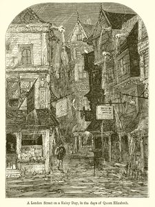 Uma rua de Londres em um dia chuvoso, nos dias da rainha Elizabeth de English School