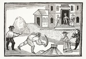 Um homem que sega da grama com um Scyth, que tomou tudo antes dele, ilustração dos Chap-livros do século XVIII por John Ashton, bar. 1882 de English School