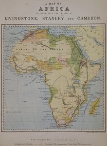 Um mapa da África para ilustrar as viagens de David Livingstone (1813-1873), Henry Morton Stanley (1841-1904) e Verney Lovett Cameron (1844-94)