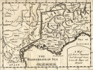 Um Mapa da Rota Aníbal atravessou a Gália e os Alpes para a Itália