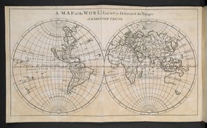 Um mapa do mundo, no qual são delineadas as viagens de Robinson Crusoe de English School
