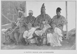 Um príncipe nativo e seus assistentes, ilustração de "Na floresta e na selva africana: ou seis anos entre os iorubanos", do Rev. Richard H. Stone, c.1899 (impressão fotomecânica) de English School