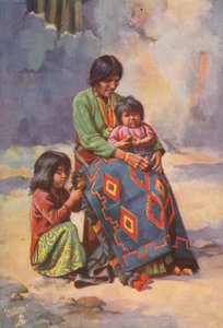Uma índia Navajo e crianças (litografia a cores) de English School