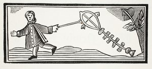 Um papagaio de papel que monta o ar elevado, ilustração dos Chap-livros do século XVIII por John Ashton, bar. 1882 de English School