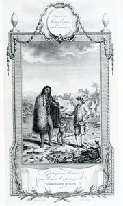 Uma mulher da Patagônia e um menino em companhia com o Comodoro Byron, ilustração tirada de Moores Voyages and Travels, 1778 de English School
