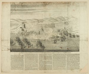 Um projecto de perspectiva da cidade, Porto e Fortes de Carthagena em 1739, publicado em 1741 (linha de gravura) de English School