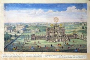 Uma vista em perspectiva da estrutura magnífica erguida no Green Park para o Royal Fireworks, 1749 de English School