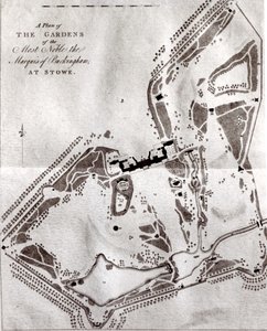 Um Plano dos Jardins do Marquês Mais Nobre de Buckingham em Stowe, do Guia de Visitantes, publicado em 1797 (ver 140582 para o plano anterior de Charles Bridgeman) de English School