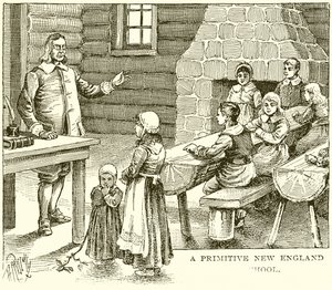 Uma escola primitiva da Nova Inglaterra de English School