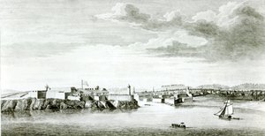 Uma perspectiva do castelo Moro e da cidade de Havana a partir do mar, gravada por Pierre Charles Canot a partir de um desenho de um oficial da marinha britânica, 1818 de English School
