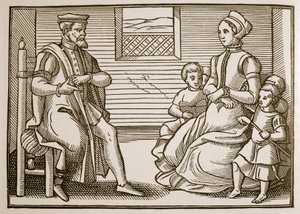 Uma Família Puritana, do Tenor dos Salmos Inteiros em Quatro Partes, 1563 (foto sépia) de English School