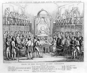 Um Esboço da Vista Interior da Casa dos Lordes, representando o Julgamento de Sua Majestade a Rainha Carolina, pub. 1820 (gravura a preto e branco) de English School