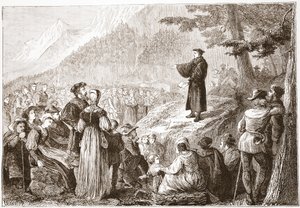 Um reformador suíço que Preaching a seu rebanho no campo aberto, ilustração da história do protestantismo por James Aitken Wylie (1808-1890), bar. 1878 de English School