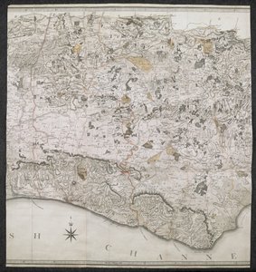 Um mapa topográfico do condado de Sussex, dividido em estupros, reitorias e centenas. Planejado a partir de uma pesquisa real por uma escala de uma polegada a uma milha terrestre de English School