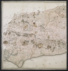 Um Mapa Topográfico do Condado de Sussex, dividido em Rapes, Deanries, e Hundreds. Planeado a partir de um levantamento real à escala de uma polegada até uma milha estatutária de English School