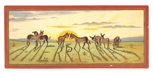 Um cartão de Natal vitoriano de um pôr do sol projetando sombras em uma fileira de burros que dizia "Feliz Natal", por volta de 1880 de English School