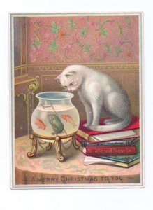 Um postal de Natal vitoriano de um gato sentado numa pilha de livros e a olhar para um aquário, c.1880 (litografia a cores) de English School