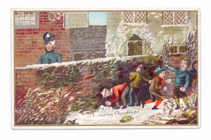 Um cartão de Natal vitoriano de rapazes escondidos atrás de uma parede de tijolo atirando uma bola de neve a um polícia, c.1880 (cor litho) de English School
