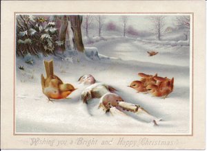 Um postal de Natal vitoriano de robbins a olhar para uma marioneta de madeira na neve, c.1880 (litografia a cores) de English School