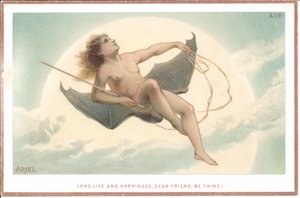 Um cartão vitoriano de um homem nu segurando uma vara e sentado em um par de enormes asas de morcego voando através das nuvens, c.1880