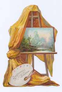 Um cartão vitoriano recortado com a forma de um quadro num cavalete de artista com uma cortina sobre ele, c.1880 (litografia a cores) de English School