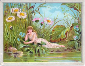 Um cartão vitoriano de uma fada reclinada por um riacho com gramíneas e margaridas na margem, c.1880 de English School