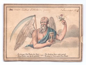 Um cartão de felicitações vitoriano do ceifeiro com uma foice e ampulheta segurando uma rosa, c.1815 (cor litho) de English School