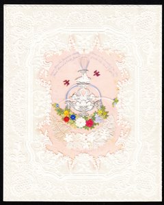 Um cartão de São Valentim vitoriano em papel rendado com uma fonte com flores, c.1870 (litografia a cores) de English School