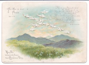Um cartão de Natal religioso vitoriano de pombas voadoras em forma de cruz, c.1880 (cor litho) de English School