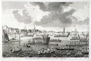Uma Vista de Gravesend em Kent, com Tropas Passando o Tamisa ao Forte de Tilbury (gravura) de English School