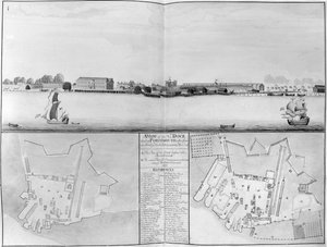 Uma visão de sua majestade Dockyard em Portsmouth, tirada do oposto New Dock, 1698 de English School