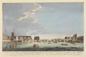 Uma vista da ponte de Londres com as ruínas da ponte temporária após o incêndio de 11 de abril de 1758 (gravura colorida) de English School