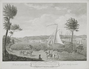 Uma vista da cidade e do porto de Montego Bay, na paróquia de St. James, Jamaica, tirada da estrada que leva a St. Ann&39;s, de "Spilsbury&39;s Views of Jamaica", 1770 de English School