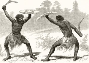 A Waddy Fight, de &39;Australian Pictures&39;, de Howard Willoughby, publicado pela Religious Tract Society, Londres, 1886 de English School