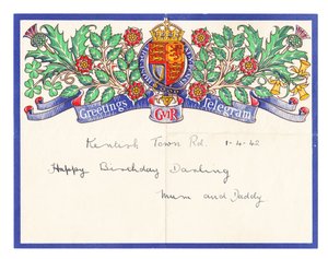 Um telegrama de saudações de aniversário, c.1942 (cor litho) de English School