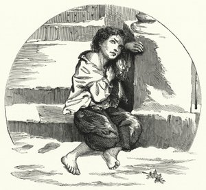 Um menino mendigando na neve (litho) de English School