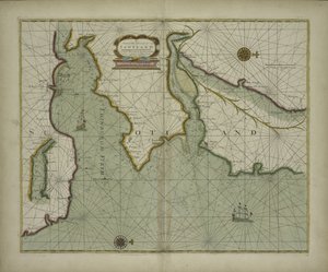 Um mapa da costa leste da Escócia a partir de um atlas marinho contendo uma descrição hidrográfica da maior parte das costas marítimas das partes conhecidas do mundo por Samuel Thornton, 1707 (impressão colorida à mão) de English School