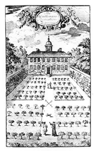 Um jardim de casa de campo, de The Gentlemens Recreation, de John Lawrence, publicado em 1716 de English School