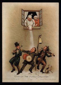 Um casal que se opõe aos cantores de Natal fora da sua janela, cartão de boas festas (chromolitho) de English School