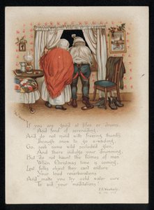 Um casal a opor-se aos cantores de cânticos de Natal do lado de fora da sua janela, cartão de boas festas. (chromolitho) de English School