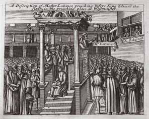 Uma descrição de Mestre Latimer, pregando antes do rei Edward o sexto na pregação em Westminster, ilustração de Atos e Monumentos de John Foxe, nona edição, pub. 1684 de English School