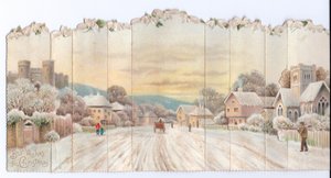 Um concertina dobrável cartão de Natal vitoriano de um castelo e igreja e um homem carregando uma pá na neve, c.1880 de English School