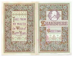 Um cartão de saudação vitoriano da capa e do verso de uma imagem de William Shakespeare, c.1880 (cor litho) de English School