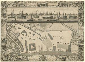 Um plano geométrico e elevação a nordeste de sua majestade Dock Yard em Deptford com parte da cidade