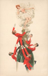 Um, grupo, de, vermelho-jacketed, homens, escalando, um, garrafa champanha de English School
