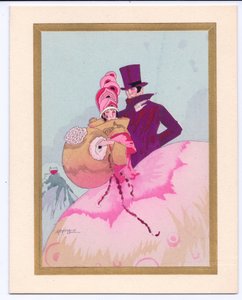 Um cartão de Natal Pochoir francês colorido à mão de uma senhora da Regência um muff, acompanhado por um cavalheiro de cartola, por volta de 1920 de English School