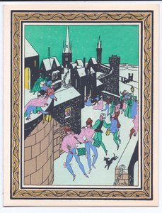 Um cartão de Natal francês Pochoir colorido à mão de um desfile de músicos tocando nas muralhas de um castelo, por volta de 1920 de English School