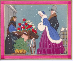 Um cartão de Natal francês Pochoir colorido à mão de um vendedor de flores vitoriano, mostrando seu carrinho de mão de rosas para os transeuntes, por volta de 1920 de English School