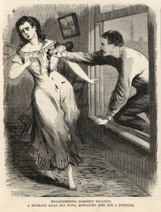 Um marido mata a sua mulher, confundindo-a com um ladrão (gravura) de English School